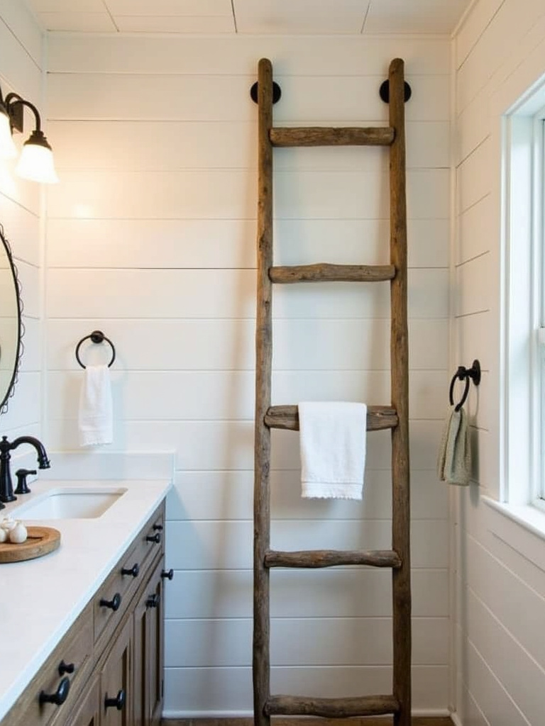 Rustic farmhouse bathroom with a repurposed wooden ladder serving as a towel rack against white shiplap walls.