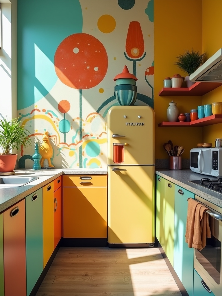 A vibrant and retro-styled kitchen with bold abstract print wallpaper for an artful touch, a fun splash of color in a modern setting.
