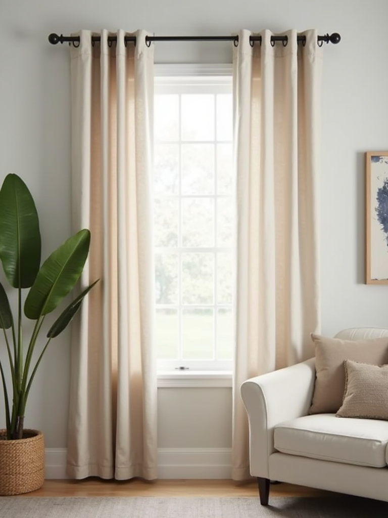 Rod pocket curtains installed on a decorative rod in a well-lit modern living room