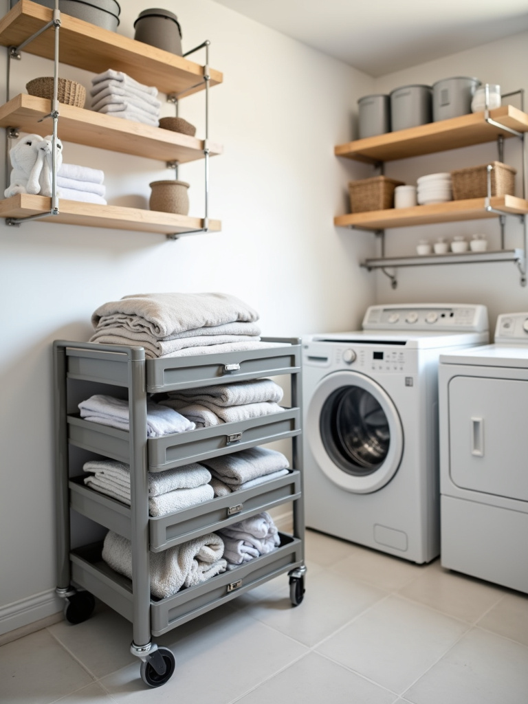 A laundry room with a functional metal rolling laundry cart, showcasing a convenient solution for sorting and transporting laundry.