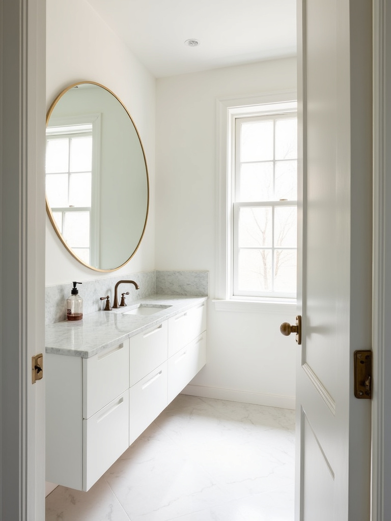 Bright bathroom interior with a round gold-framed mirror above a white vanity.