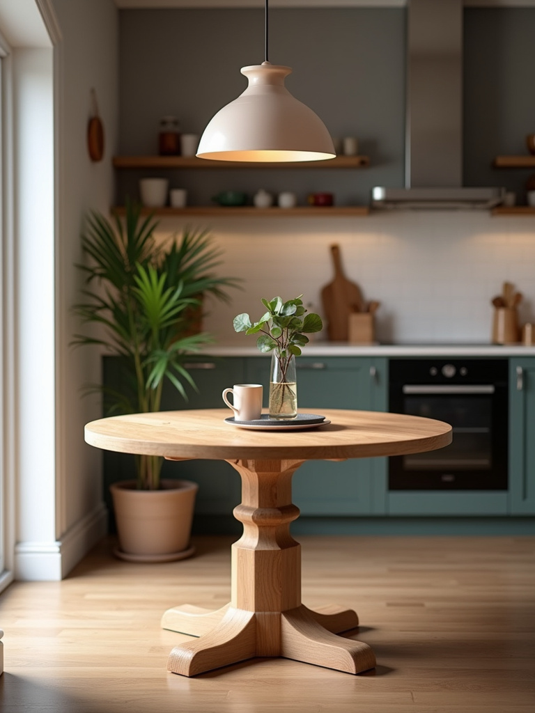 Round pedestal kitchen table in warm oak in a cozy Scandinavian-style kitchen.