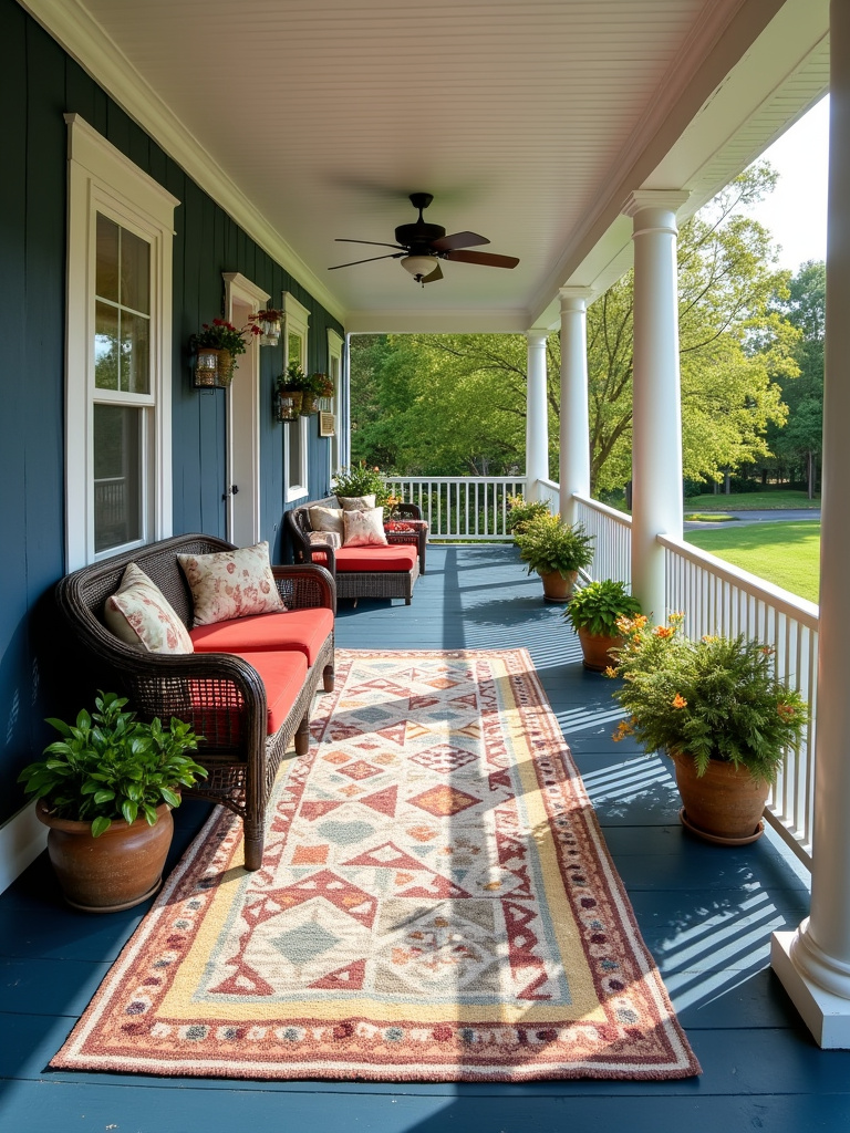 A covered porch with a colorful geometric outdoor rug on a dark blue painted floor.