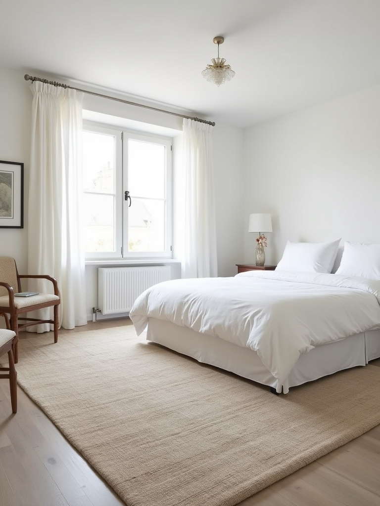 White bedroom with a large neutral patterned rug grounding the space and defining the bed area.