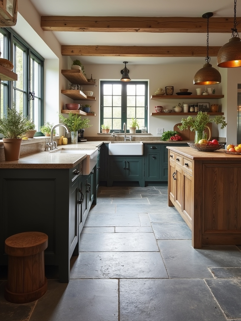 “Farmhouse kitchen with rustic natural slate floor tiles, a farmhouse sink, wooden island, and open shelving.”