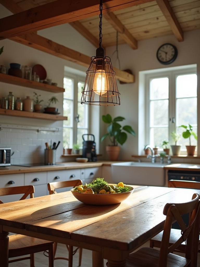 A rustic farmhouse kitchen with metal cage-style lighting over a wooden table.