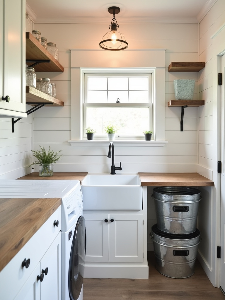 “Cozy farmhouse laundry room with warm light, featuring white shiplap walls, a white apron-front sink, a reclaimed wood countertop, open shelving with mason jars, and galvanized metal baskets.”