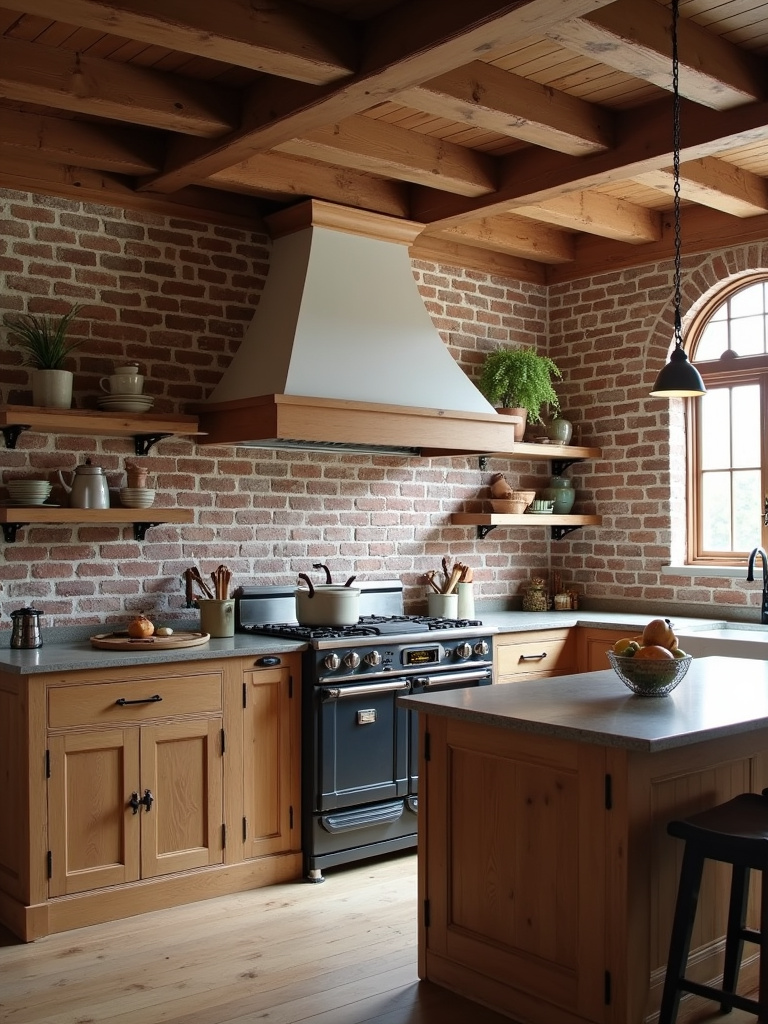 A rustic farmhouse-style kitchen with faux brick wallpaper for an industrial look, featuring a vintage stove.
