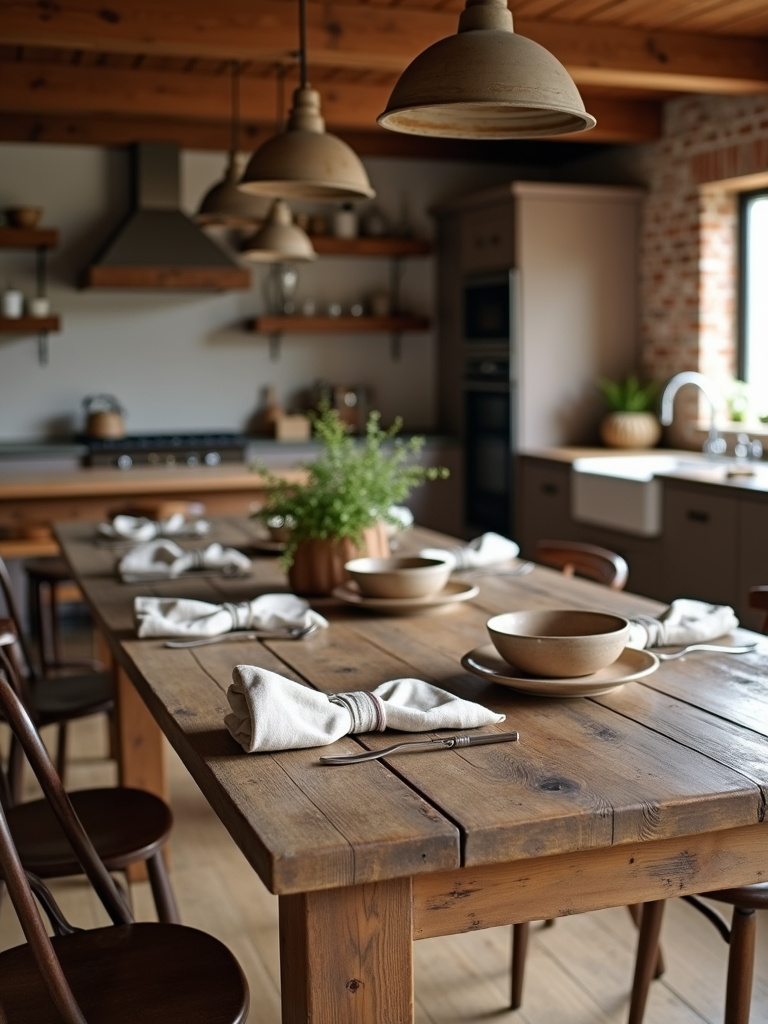 Rustic modern kitchen table with distressed wood finish in a warm rustic kitchen.