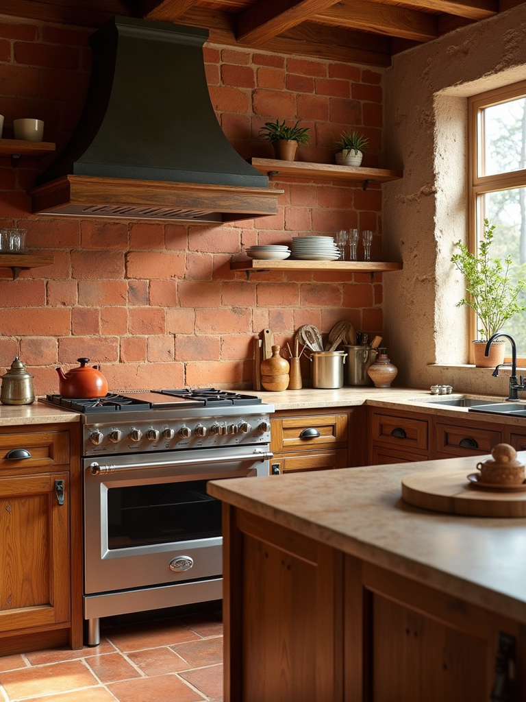 A warm rustic kitchen featuring a terracotta tile backsplash, showcasing its unique color and organic texture.