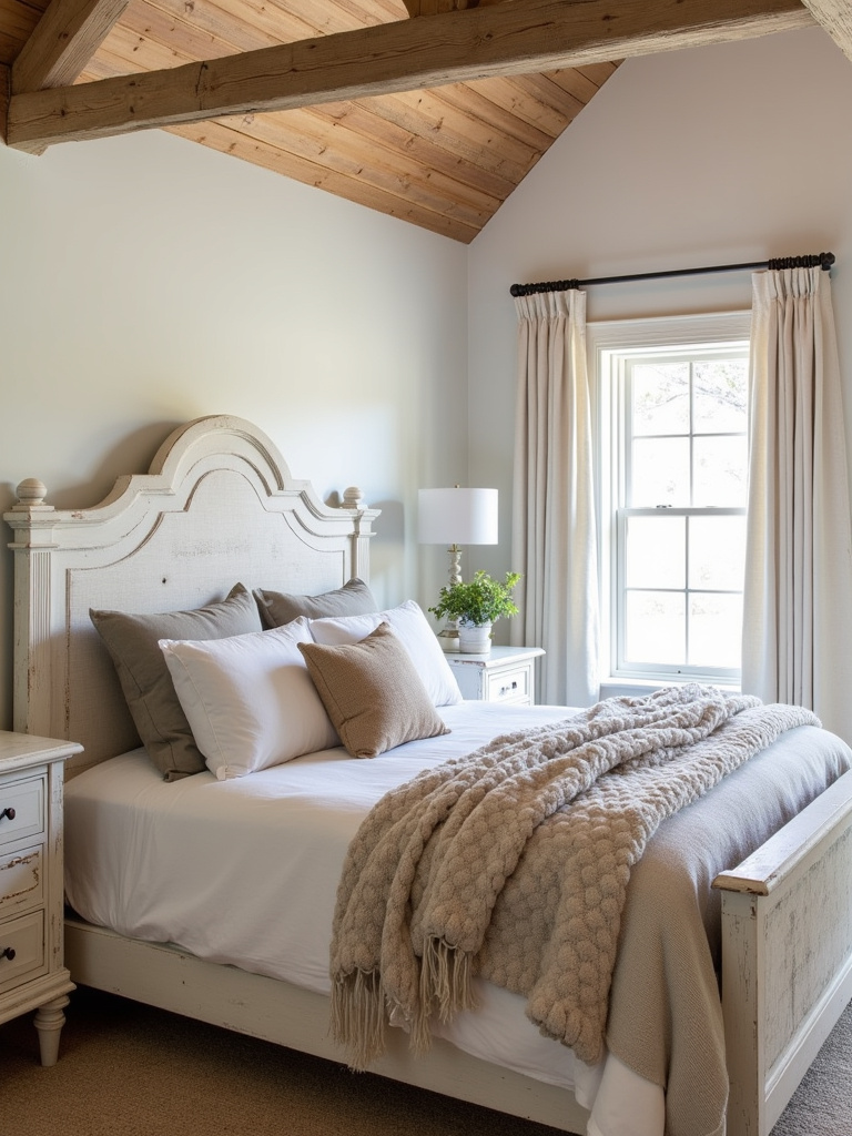 Rustic white bedroom with distressed wood furniture and cozy natural textures.