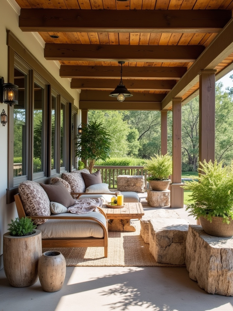 A back porch enhanced with rustic wooden furniture and decorations.