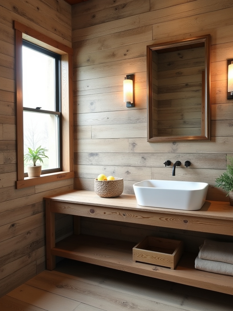 Rustic bathroom with wood-look porcelain tile walls, a reclaimed wood vanity, and a farmhouse sink.