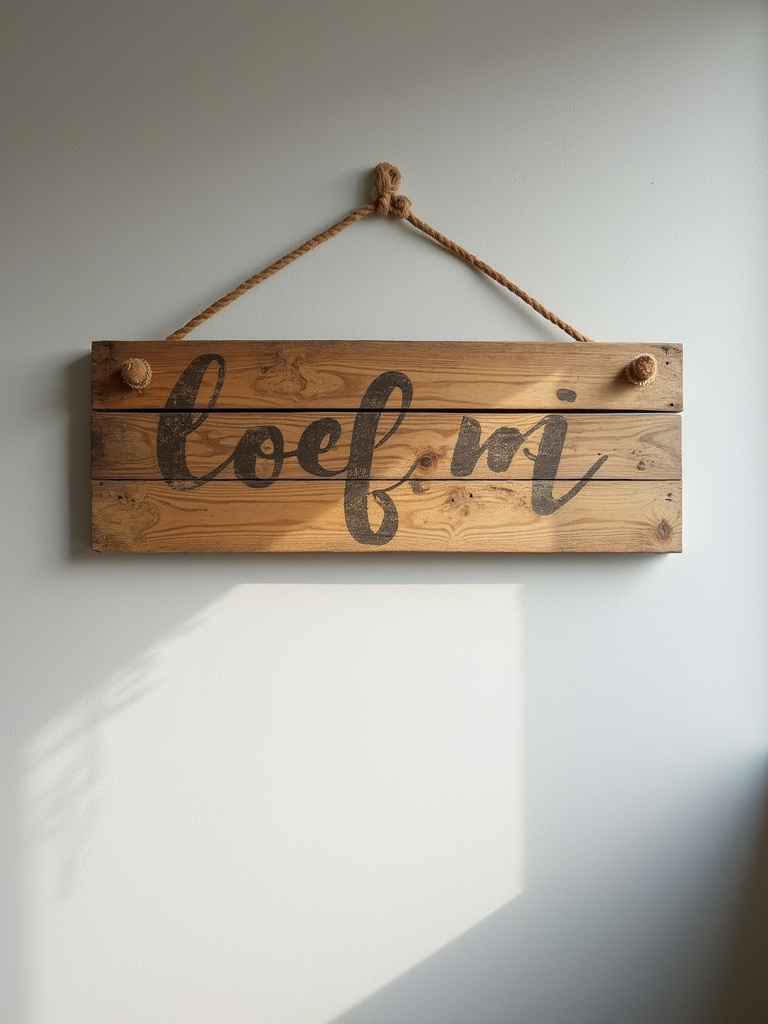 Handmade rustic wall sign made from reclaimed wood pallet placed in a modern living room environment with soft lighting.