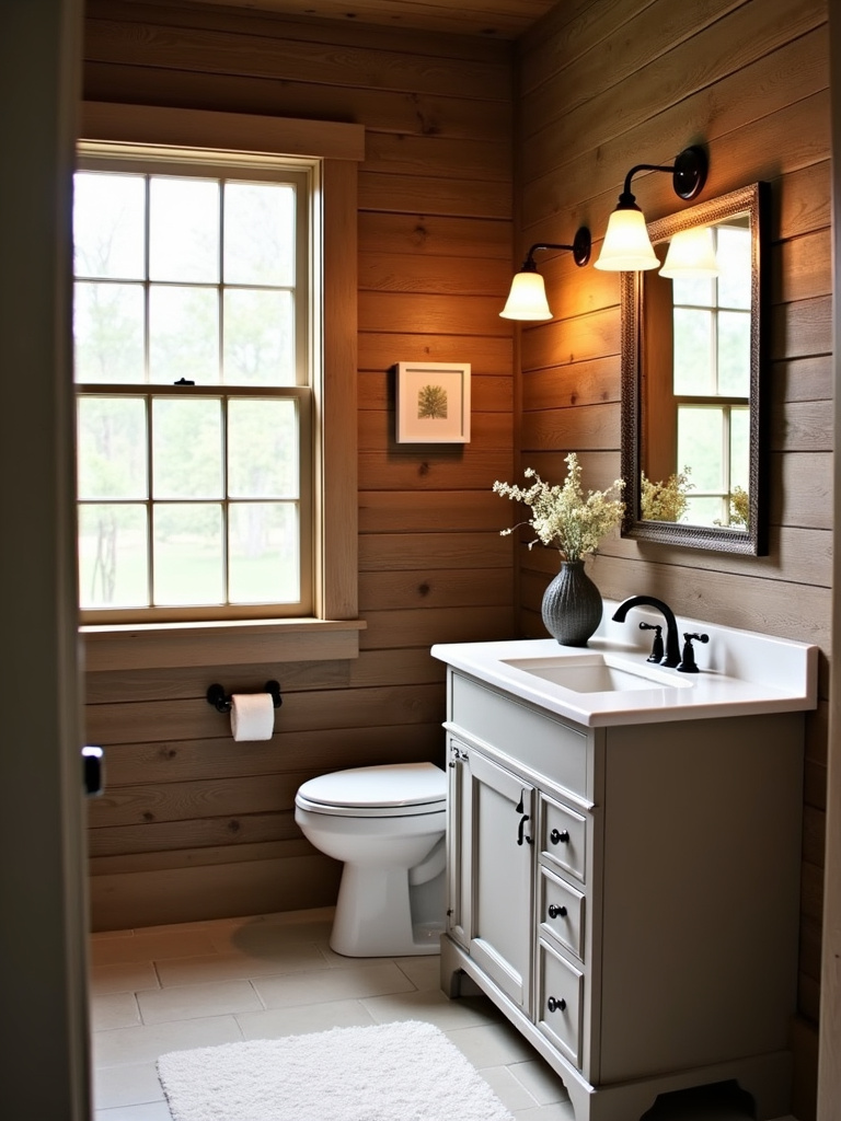 Farmhouse bathroom with rustic wood plank wallpaper, creating a cozy and warm atmosphere.