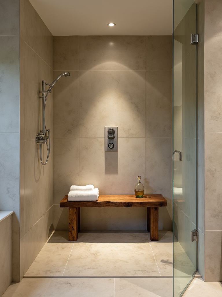 Spa-inspired bathroom featuring a rustic wooden bench inside a walk-in shower with natural stone tiles.