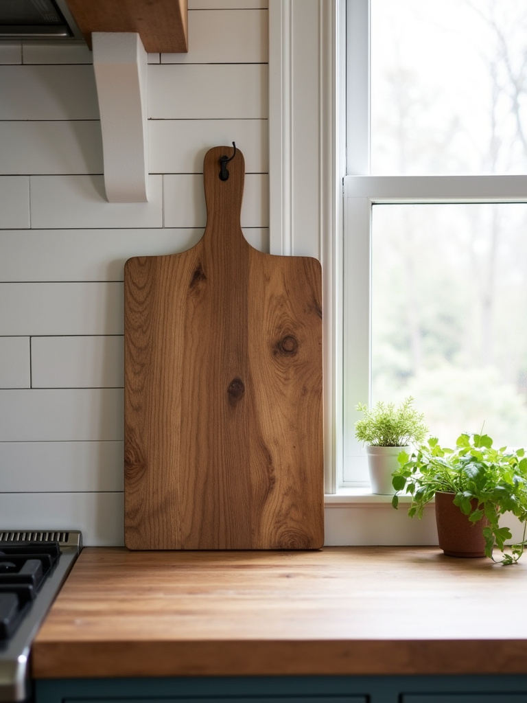 Rustic wooden charcuterie board leaning against a shiplap backsplash on a butcher block kitchen countertop.