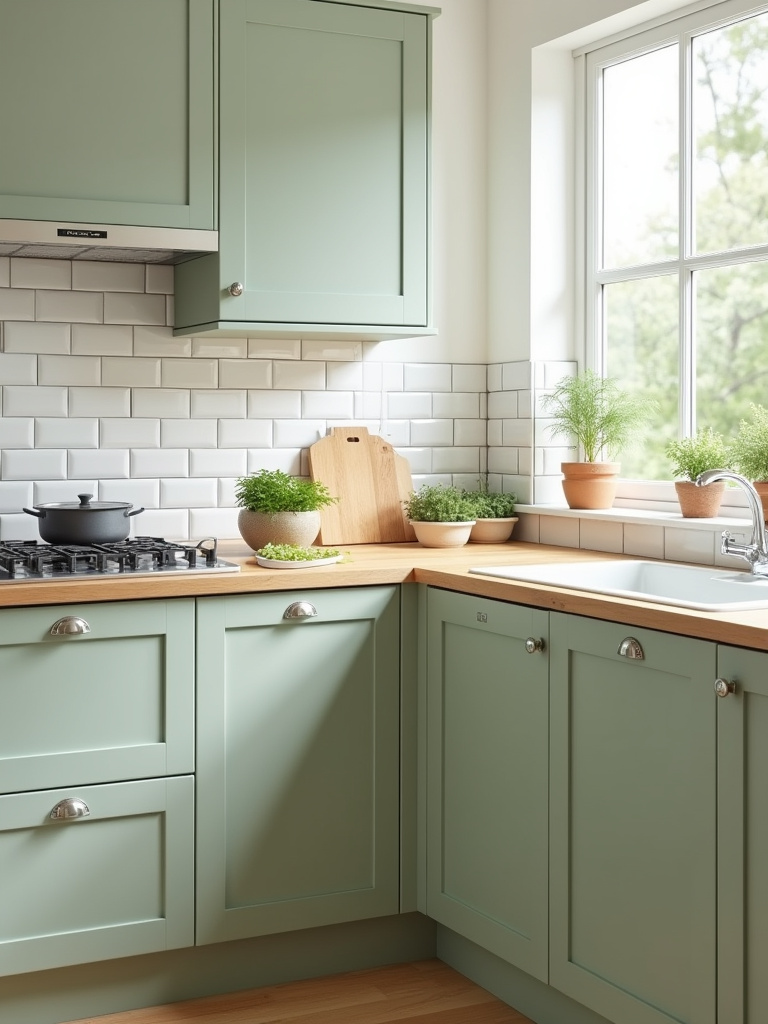 Calming sage green kitchen with light wood countertops and herbs.