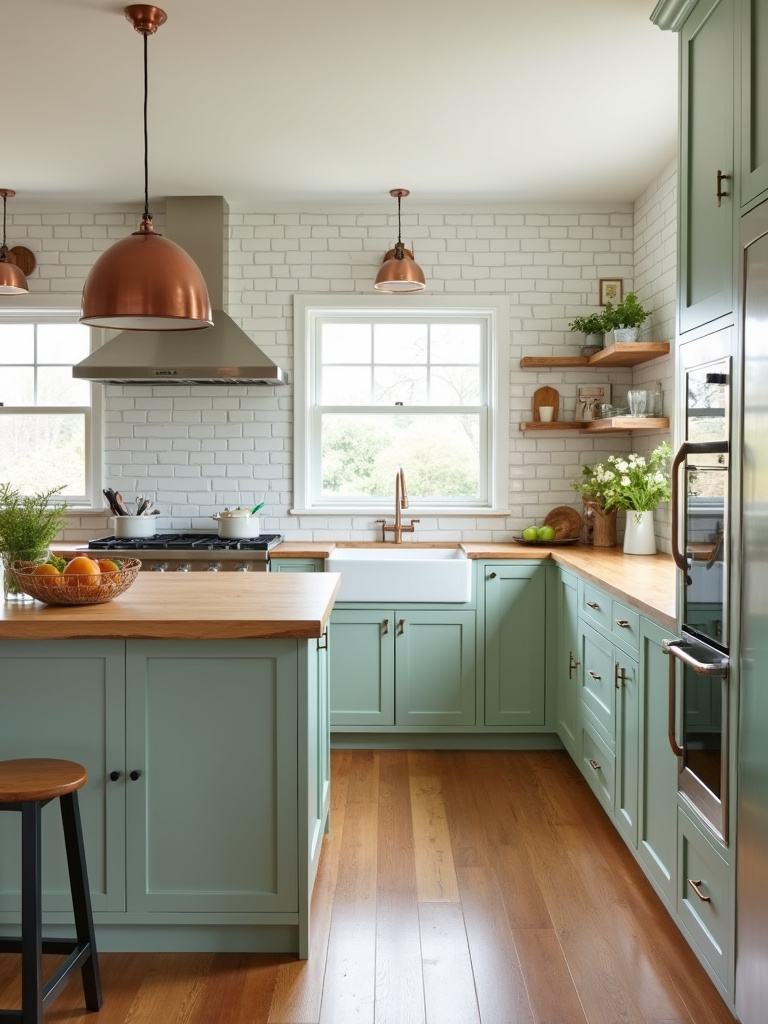Farmhouse kitchen with sage green cabinets, butcher block countertops, and white subway tiles