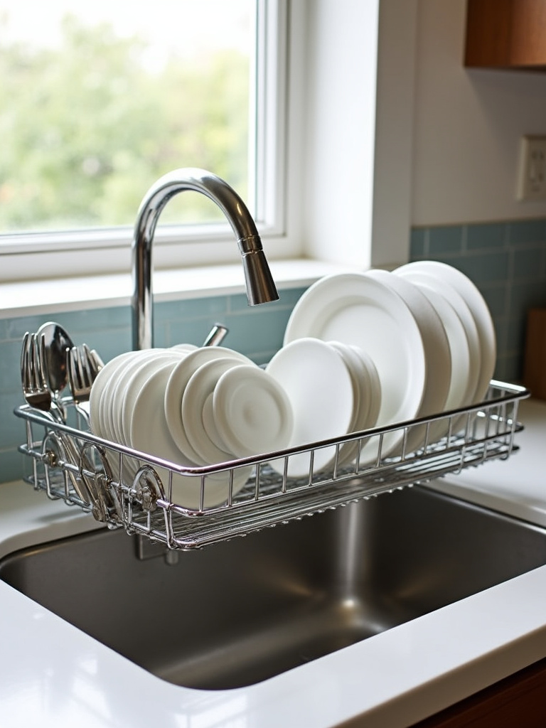 “Stainless steel over-the-sink dish rack placed over a kitchen sink, holding washed dishes, plates, and utensils, saving counter space and allowing dishes to air dry.”