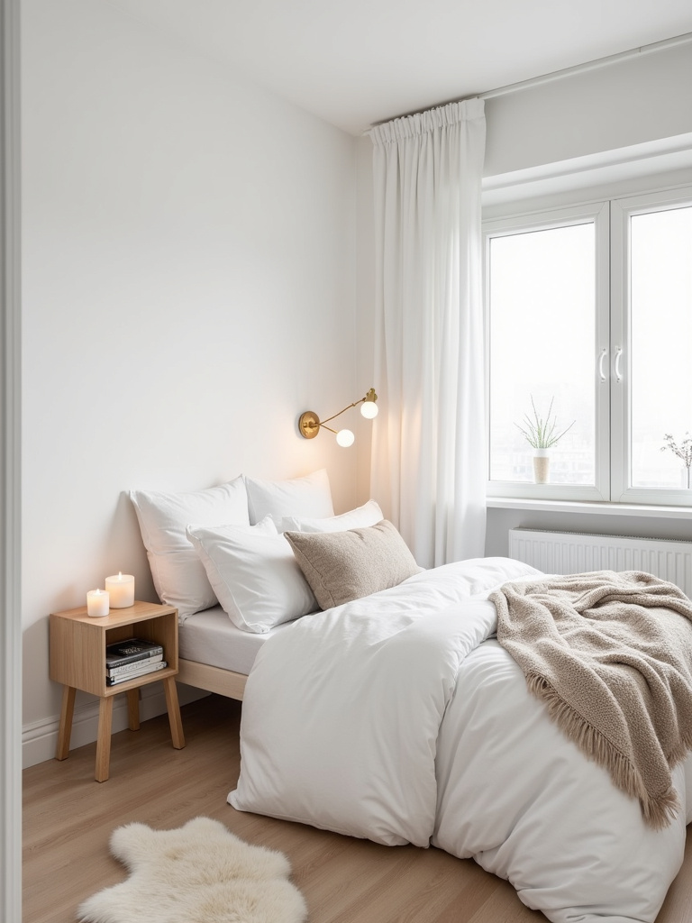 Scandinavian white bedroom with hygge elements like sheepskin rug, knit blanket, and candles.