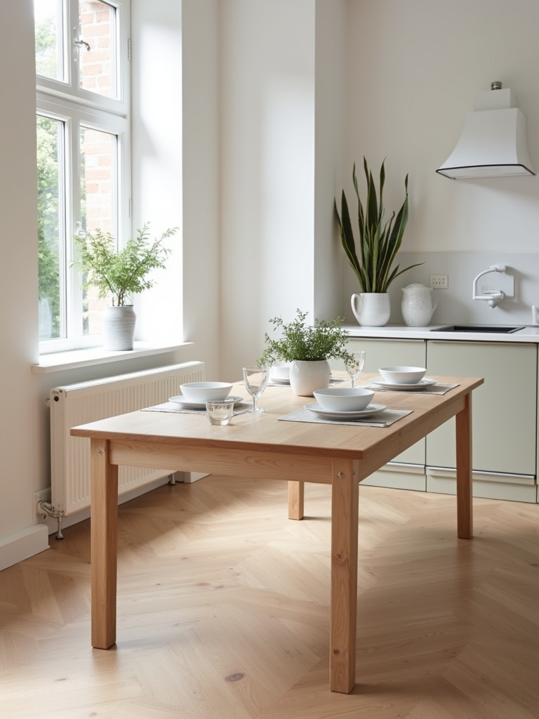 Scandinavian style birch kitchen table with natural finish in a bright minimalist kitchen.