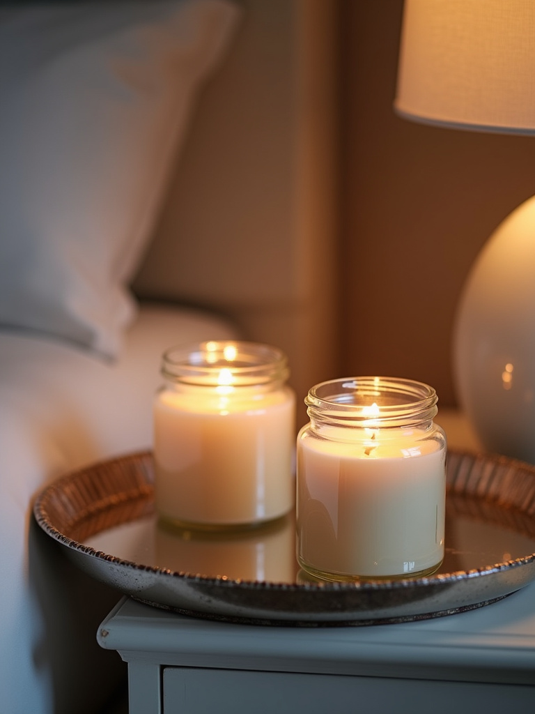 Two lit scented candles on a mirrored tray add a relaxing ambiance to a master bedroom.