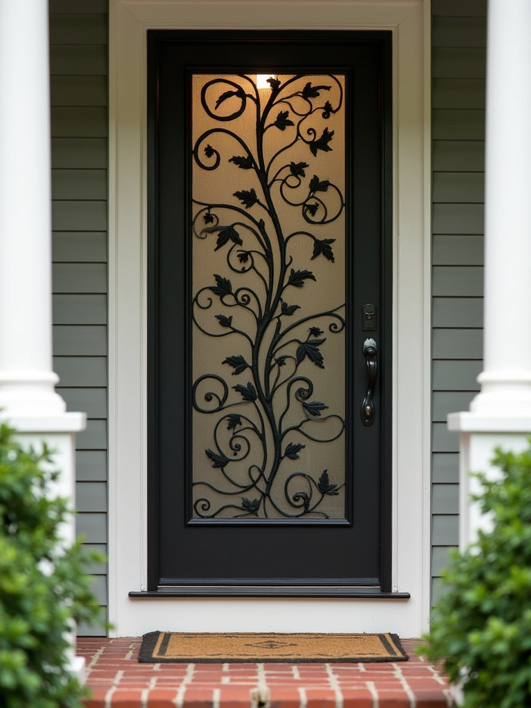 A craftsman front door with a decorative black wrought iron screen door featuring a floral pattern.