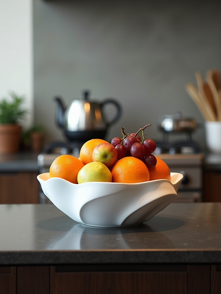 Sculptural white ceramic fruit bowl filled with colorful fruits on a dark wooden countertop.