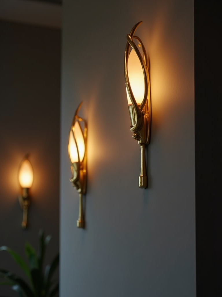 Living room with sculptural wall sconces mounted on a grey wall, creating both functional and decorative light.
