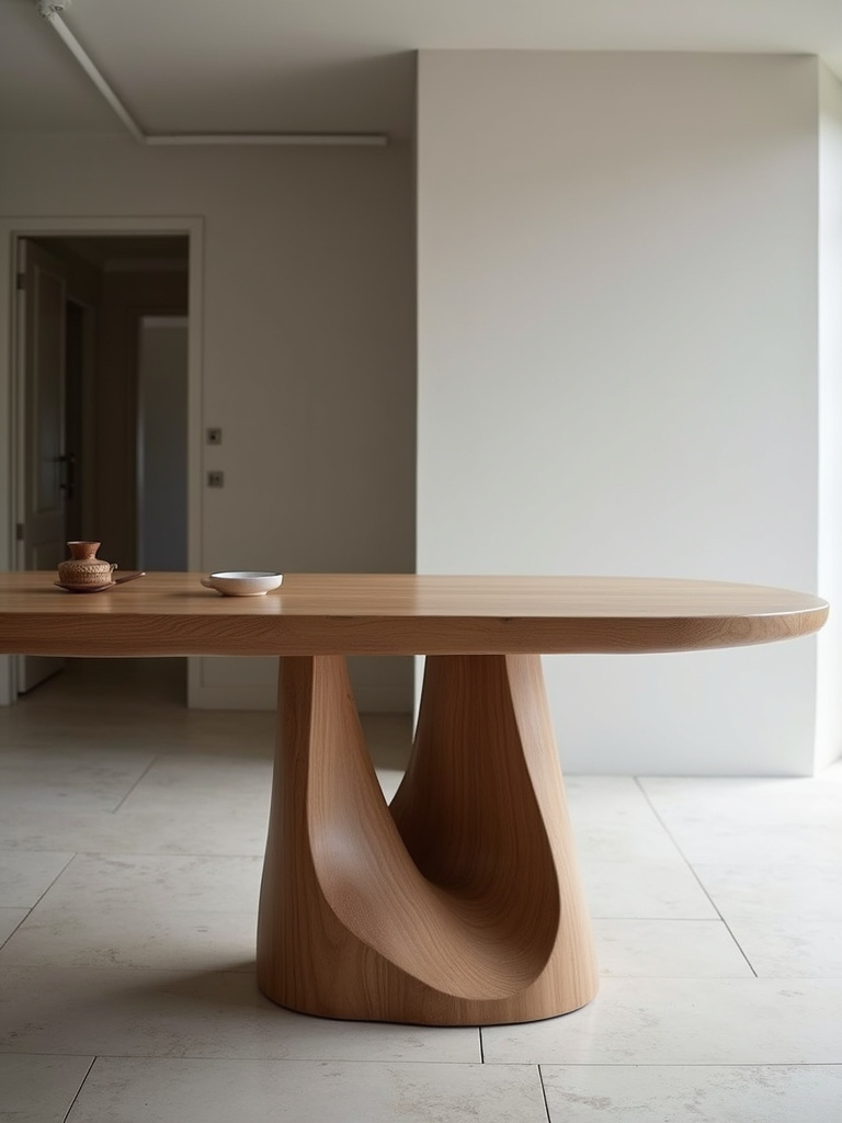 Sculptural wooden kitchen table with organic form in a minimalist contemporary dining room.