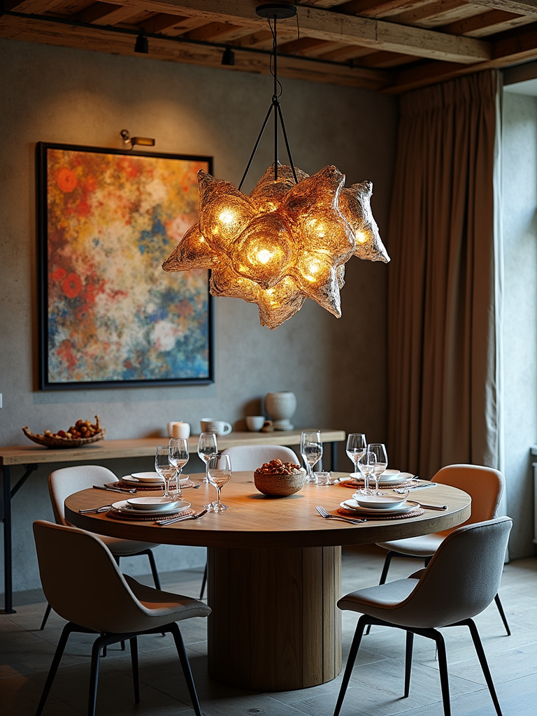 Eclectic dining room with a large abstract sculptural pendant light as a focal point.