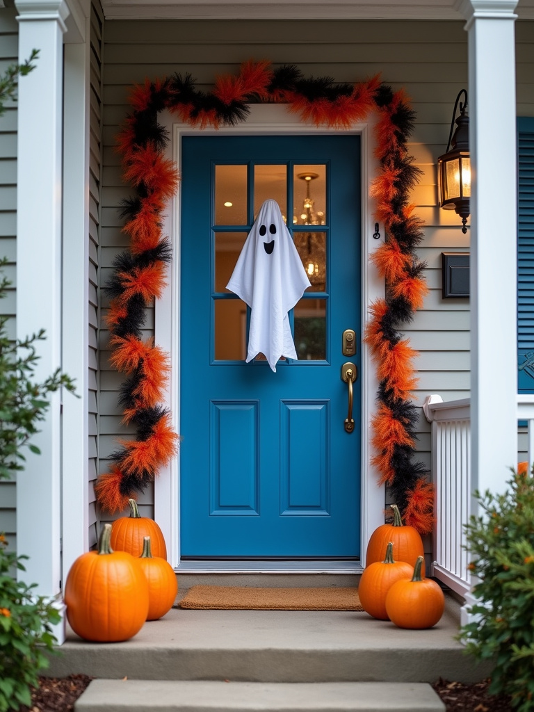 A blue front door decorated for Halloween with garland, a ghost, and pumpkins on the porch.