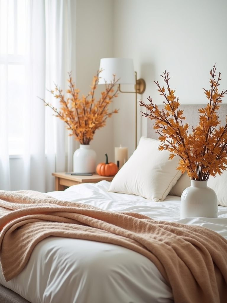 White bedroom seasonally refreshed for autumn with warm throws, pillows, and fall decor.