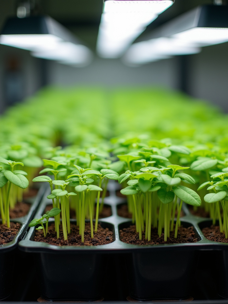 Indoor seed starting setup with trays of seedlings under grow lights, showcasing different stages of seedling development.