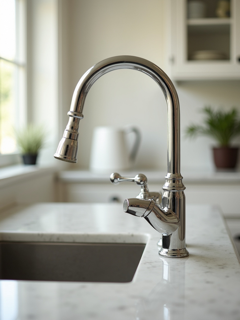 Elegant polished nickel bridge faucet in a traditional kitchen.