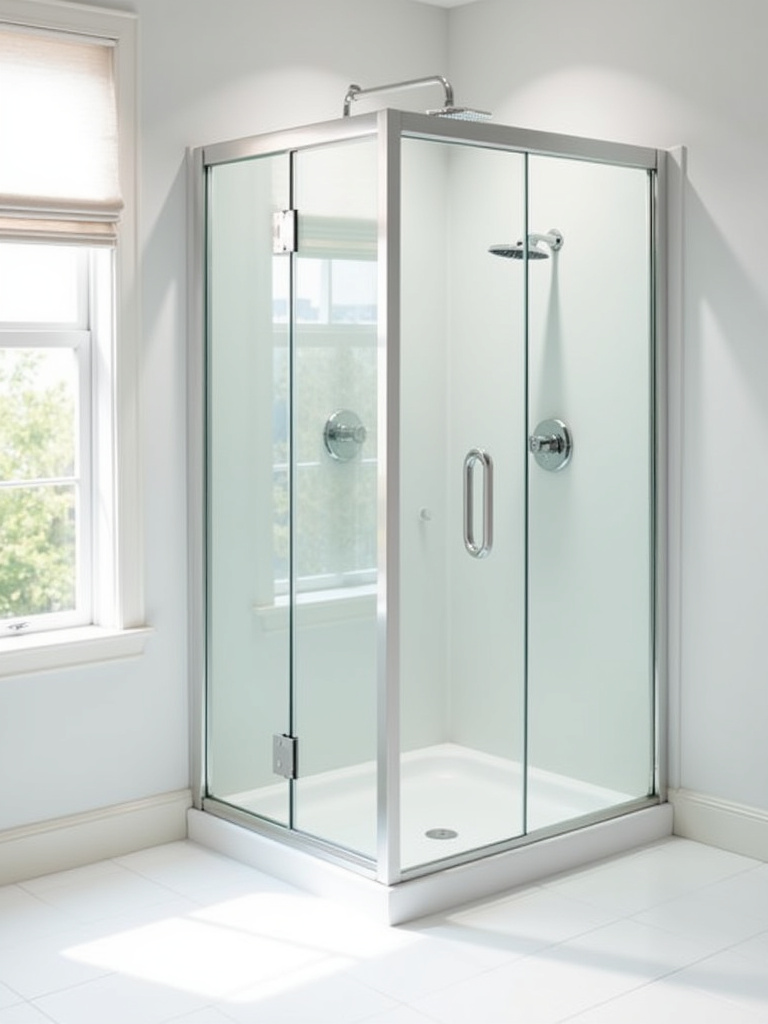 Minimalist bathroom corner shower with a frameless glass enclosure.