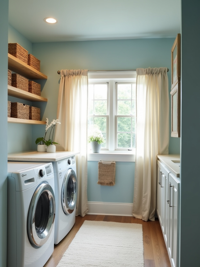 “Calming sky blue laundry room with warm lighting, featuring blue walls, natural wood accents, woven baskets, and a window with sheer curtains.”
