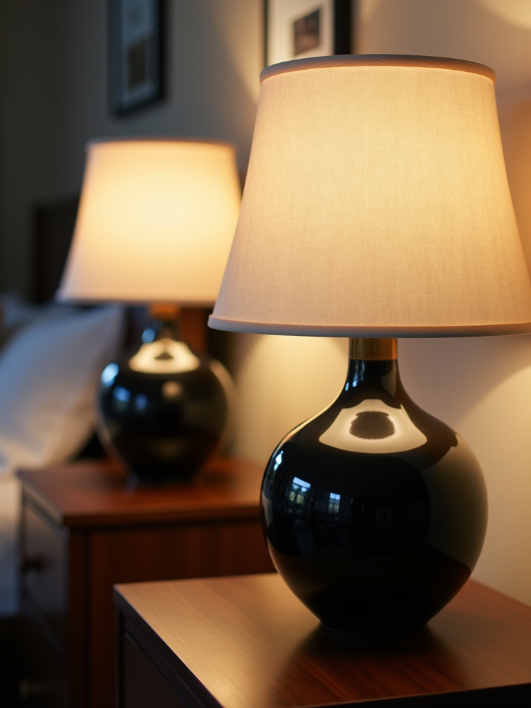 Set of black ceramic table lamps with linen shades in a bedroom.