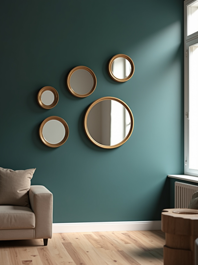A living room scene with multiple decorative mirrors with gold frames on a teal colored wall with soft diffused side light.