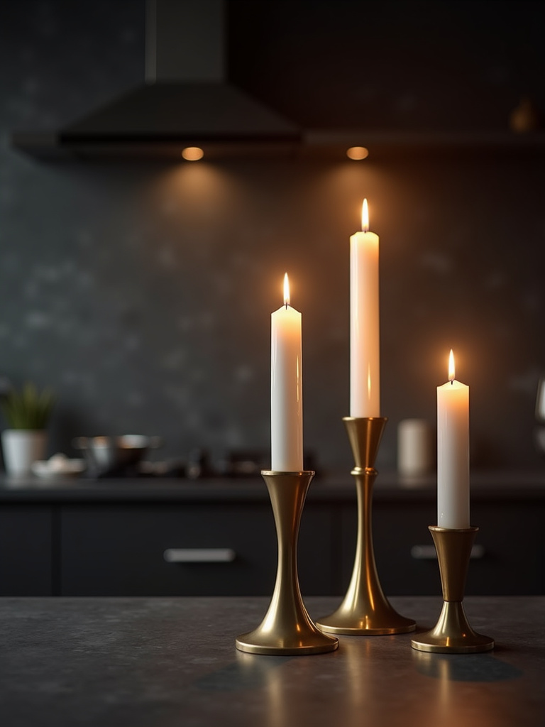 Set of brass tapered candle holders with lit candles on a dark grey kitchen countertop in a dimly lit kitchen.