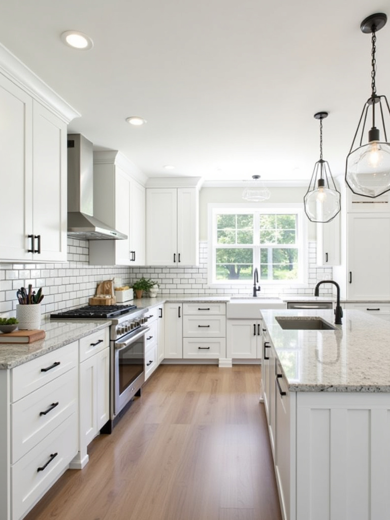 Modern shaker style kitchen with white shaker cabinets, black hardware, subway tile backsplash, and light granite countertops.