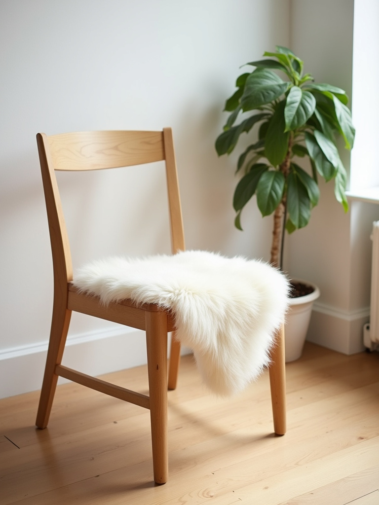 White sheepskin throw draped over a light wood kitchen chair in a cozy Scandinavian kitchen corner