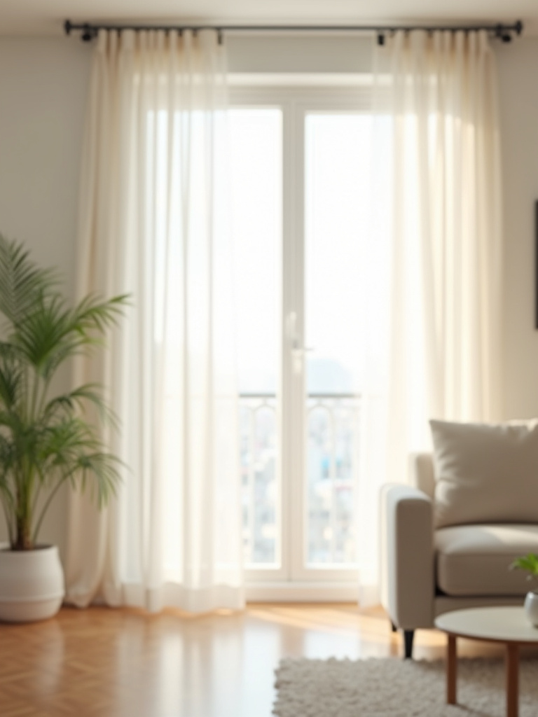 Soft sheer white curtains filtering sunlight in a living room