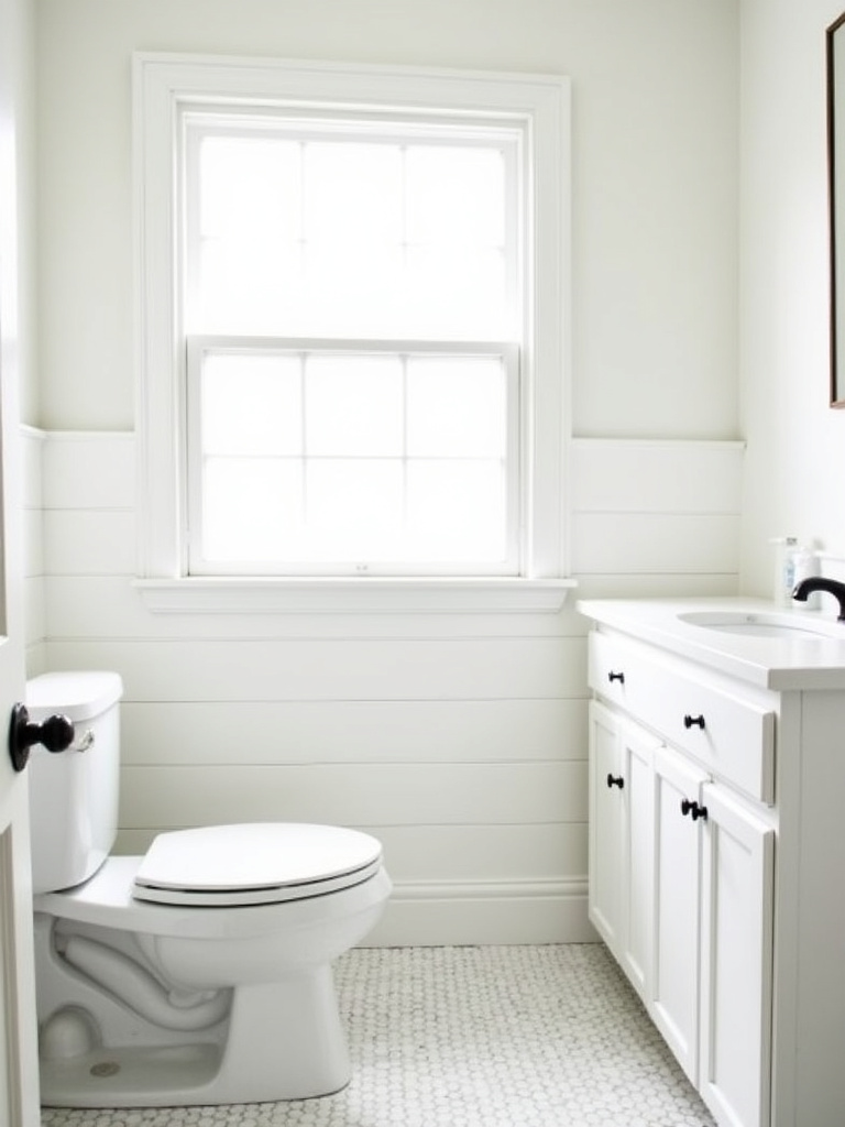 Bright and airy farmhouse bathroom featuring white shiplap wallpaper for a classic textured look.