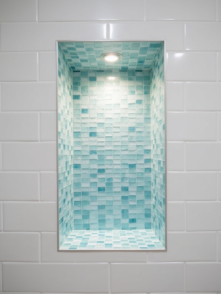 Contemporary shower with a built-in niche lined with gradient blue glass mosaic tiles.