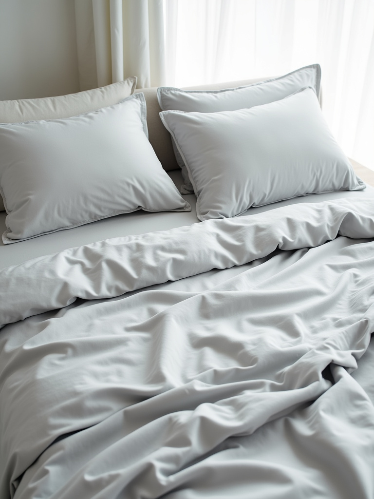 A simple minimalist bedroom shot with focus on clean grey beddings neatly placed on the center bed.