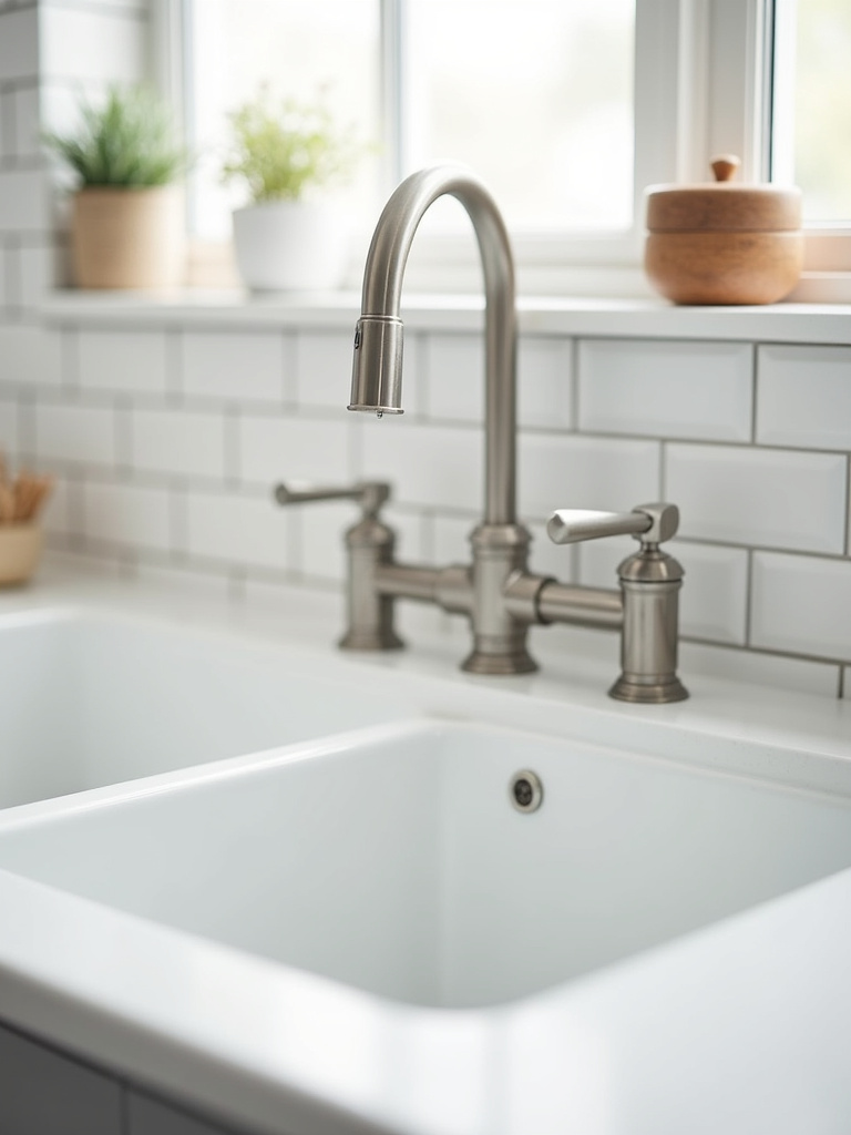 Simple stainless steel faucet with clean design in a white ceramic sink in a Scandinavian kitchen