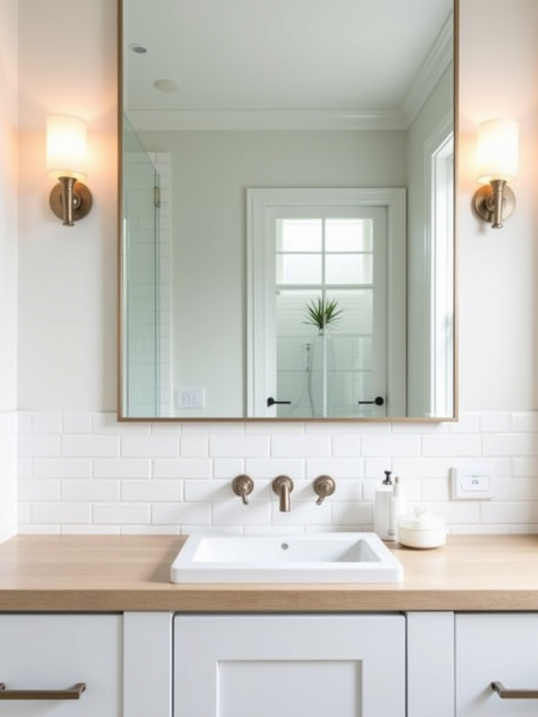 Minimalist bathroom with a large frameless rectangular mirror above the vanity.