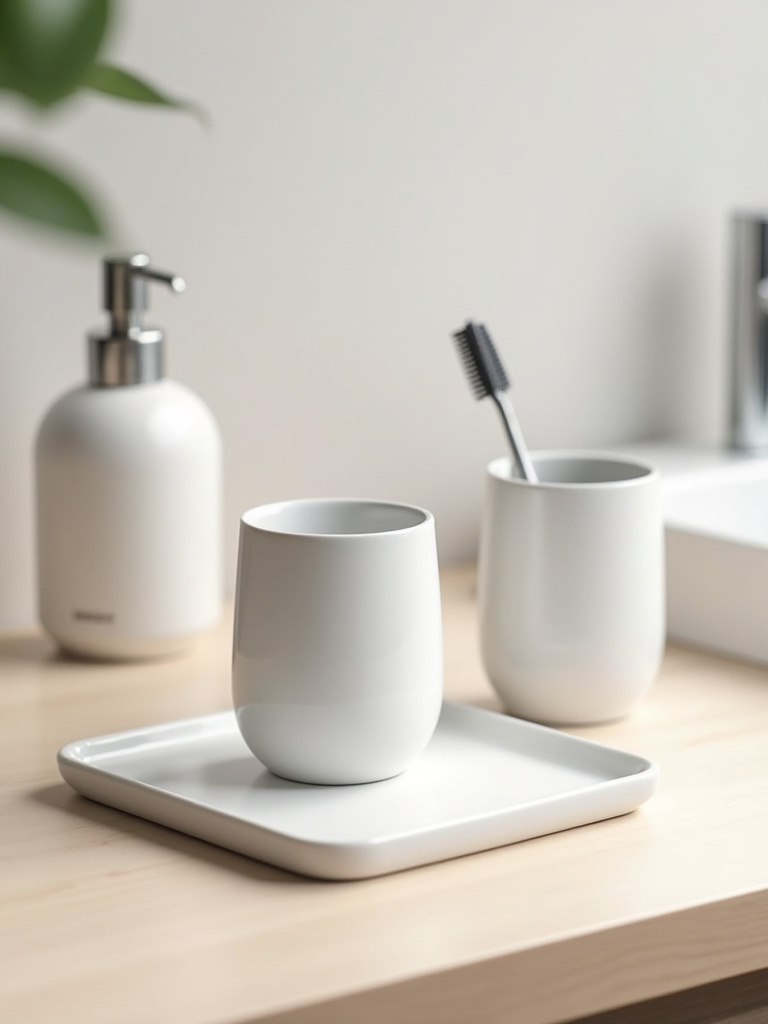 Minimalist bathroom countertop featuring a simple white ceramic accessory set including a soap dispenser and toothbrush holder.